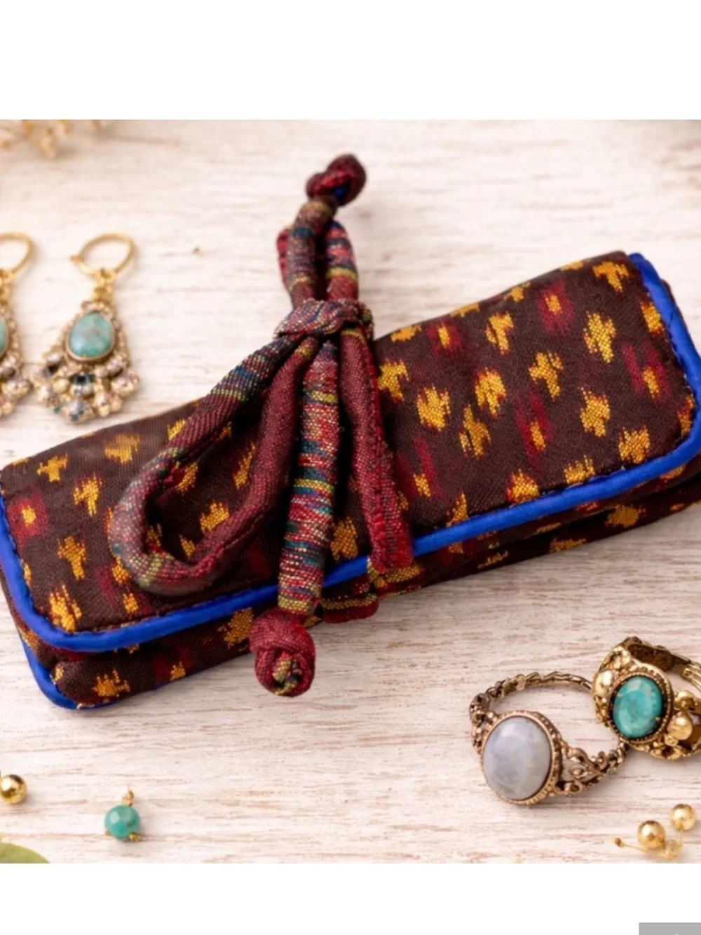 Ganesha Fine Art Cambodian Handmade 100% Silk Jewelry Roll Ring & Earring Travel
